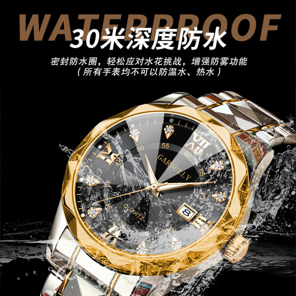 Watch men s fully automatic waterproof night light dual calendar business stainless steel diamond inlaid versatile fashion casual student quartz watch image 2