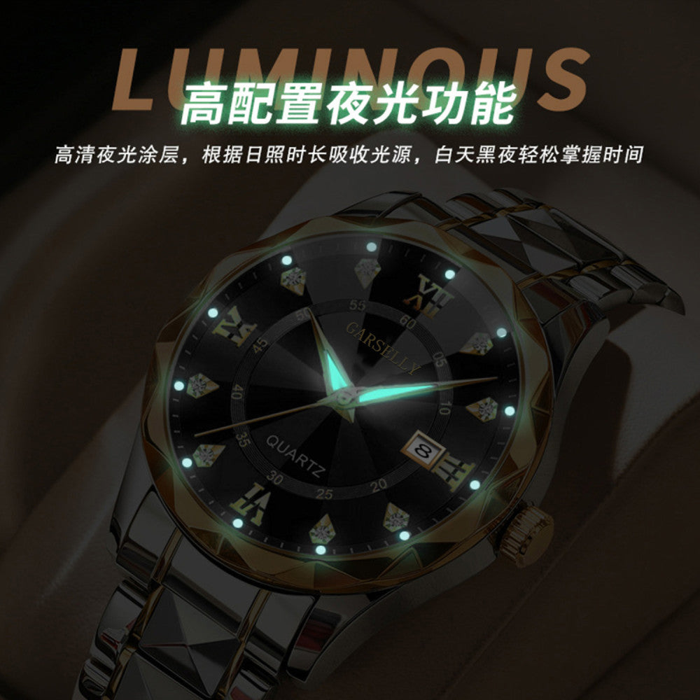 Watch men s fully automatic waterproof night light dual calendar business stainless steel diamond inlaid versatile fashion casual student quartz watch image 3