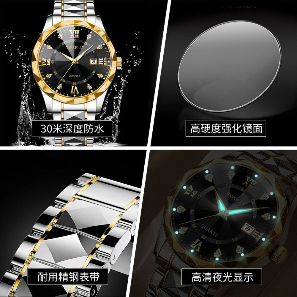 Watch men s fully automatic waterproof night light dual calendar business stainless steel diamond inlaid versatile fashion casual student quartz watch image 5