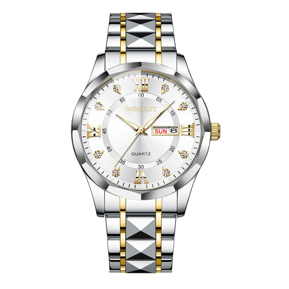 Watch men s fully automatic waterproof night light dual calendar business stainless steel diamond inlaid versatile fashion casual student quartz watch image 8