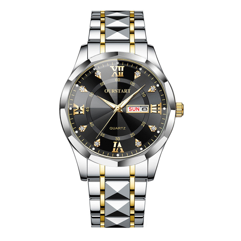 Watch men s fully automatic waterproof night light dual calendar business stainless steel diamond inlaid versatile fashion casual student quartz watch image 10