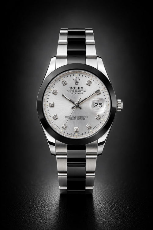 Rolex Datejust Silver Sunburst Dial Two-Tone Diamond Markers Watch