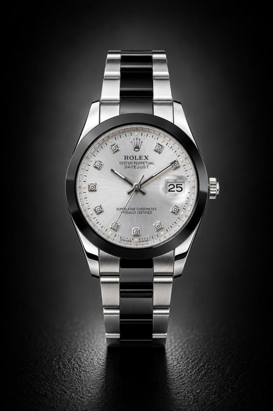 Rolex Datejust Silver Sunburst Dial Two-Tone Diamond Markers Watch
