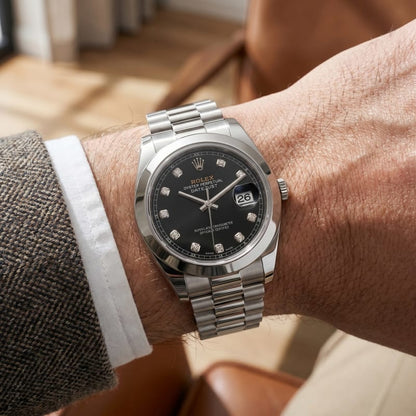 Rolex Datejust Stainless Steel Black Dial Diamond Markers Watch