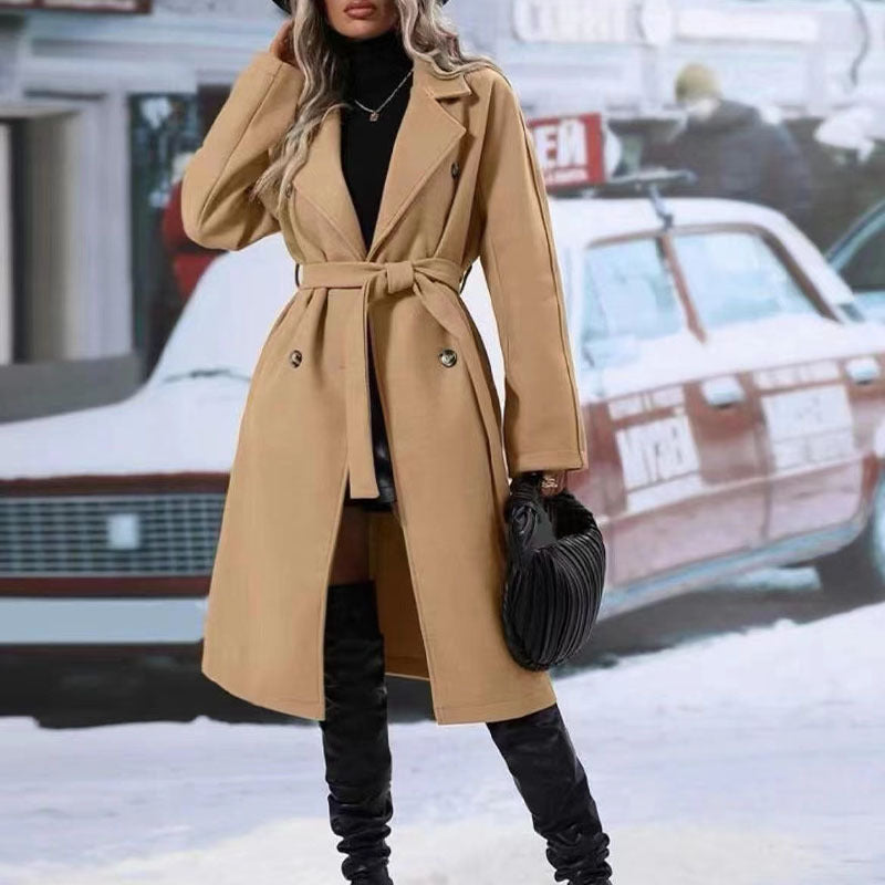 Lapel Double-breasted Trench Coat With Belt Winter Fashion Solid Color Long Jacket Outwear Women Clothing