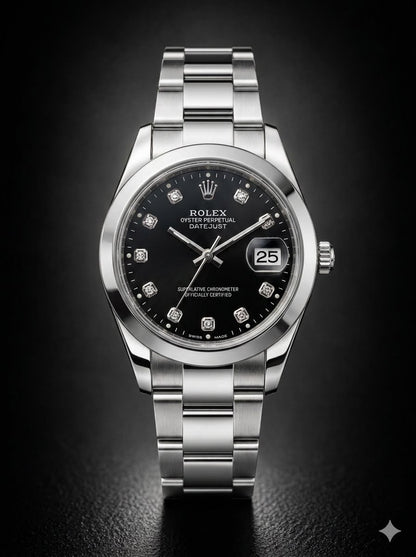 Rolex Datejust Stainless Steel Black Dial Diamond Markers Watch