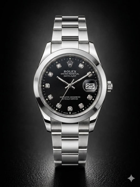 Rolex Datejust Stainless Steel Black Dial Diamond Markers Watch