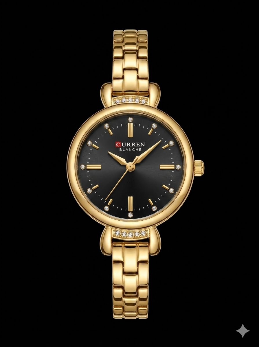 Curren Blanche Elegant Gold-Tone Crystal Watch (Black Dial)