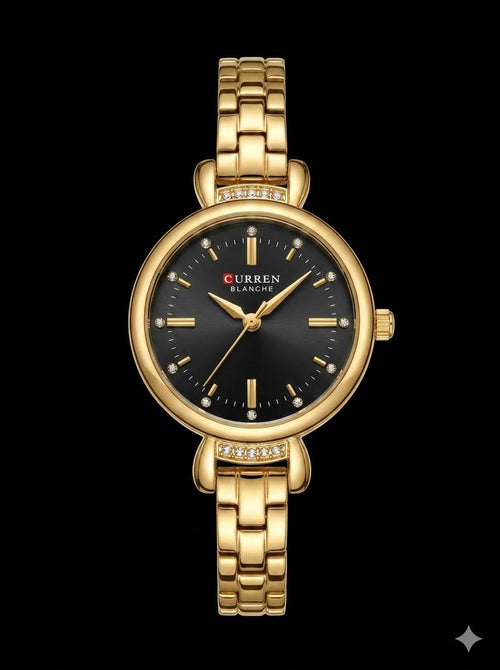 Curren Blanche Elegant Gold-Tone Crystal Watch (Black Dial)
