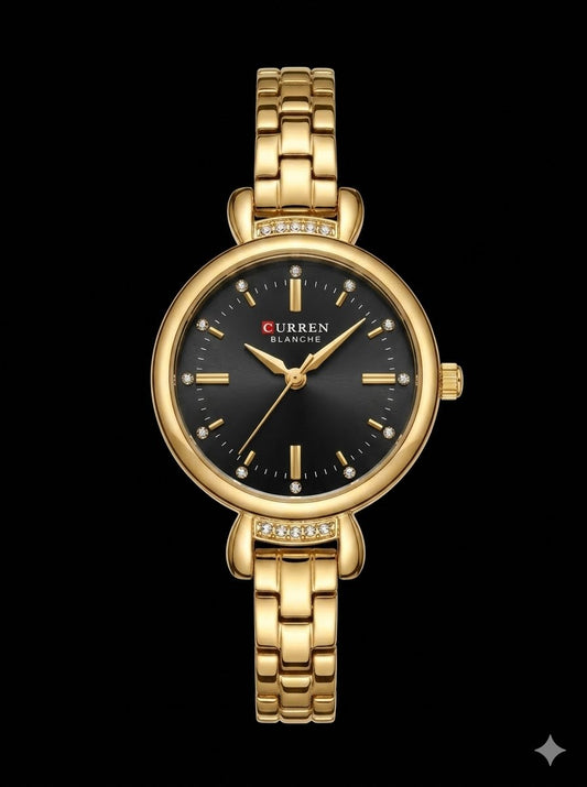 Curren Blanche Elegant Gold-Tone Crystal Watch (Black Dial)