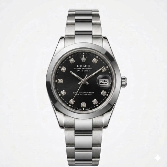Rolex Datejust Stainless Steel Black Dial Diamond Markers Watch