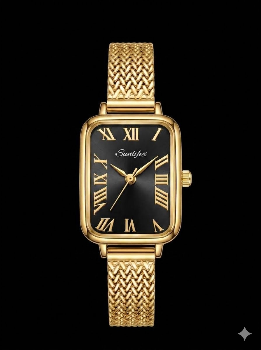 Sunlifex Elegant Rectangular Gold-Tone Watch (Black Dial)