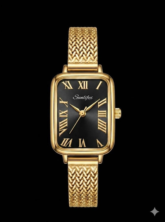Sunlifex Elegant Rectangular Gold-Tone Watch (Black Dial)