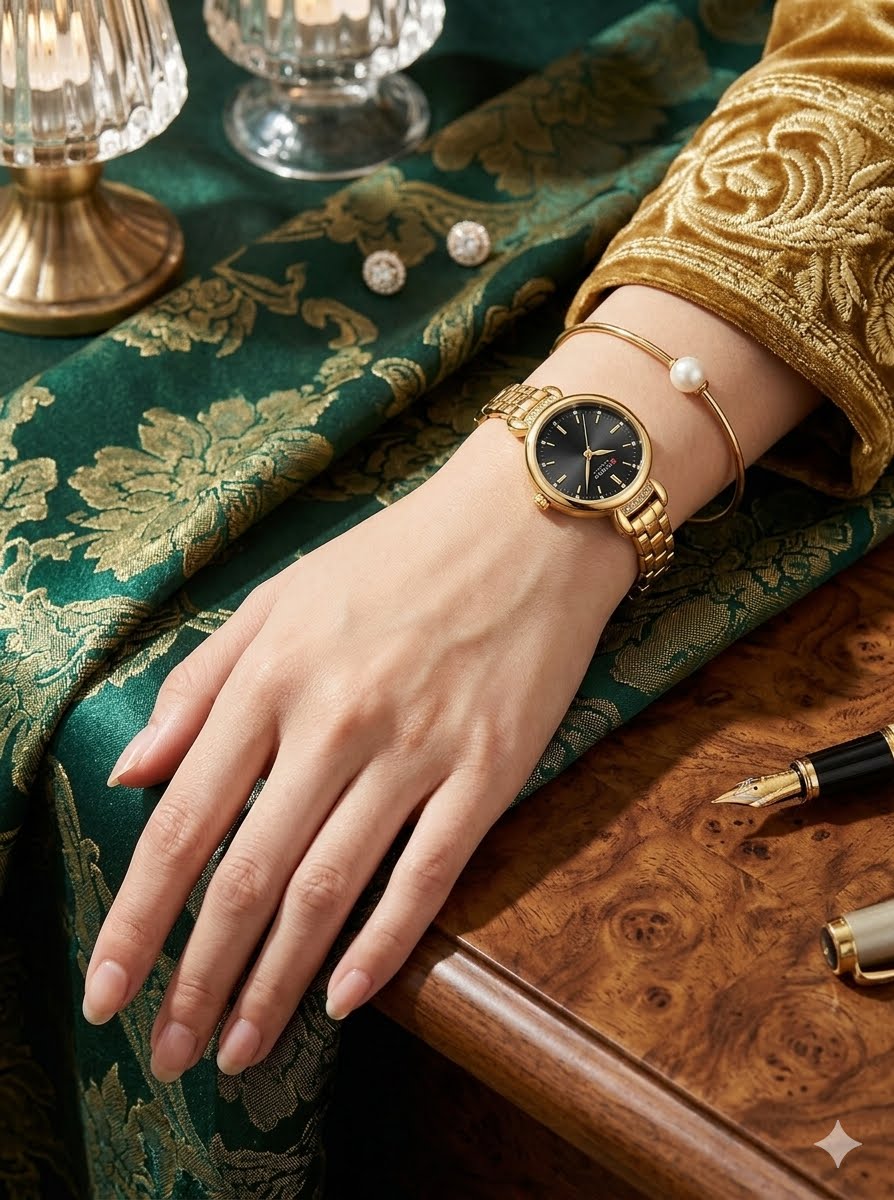 Curren Blanche Elegant Gold-Tone Crystal Watch (Black Dial)