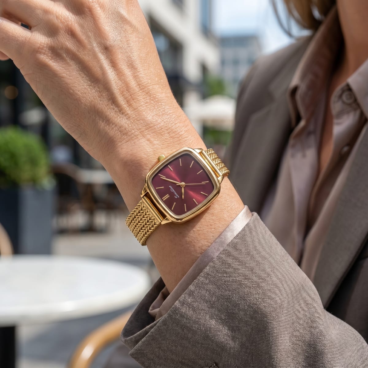 Sunshine Vintage Cushion Case Watch (Burgundy Dial)