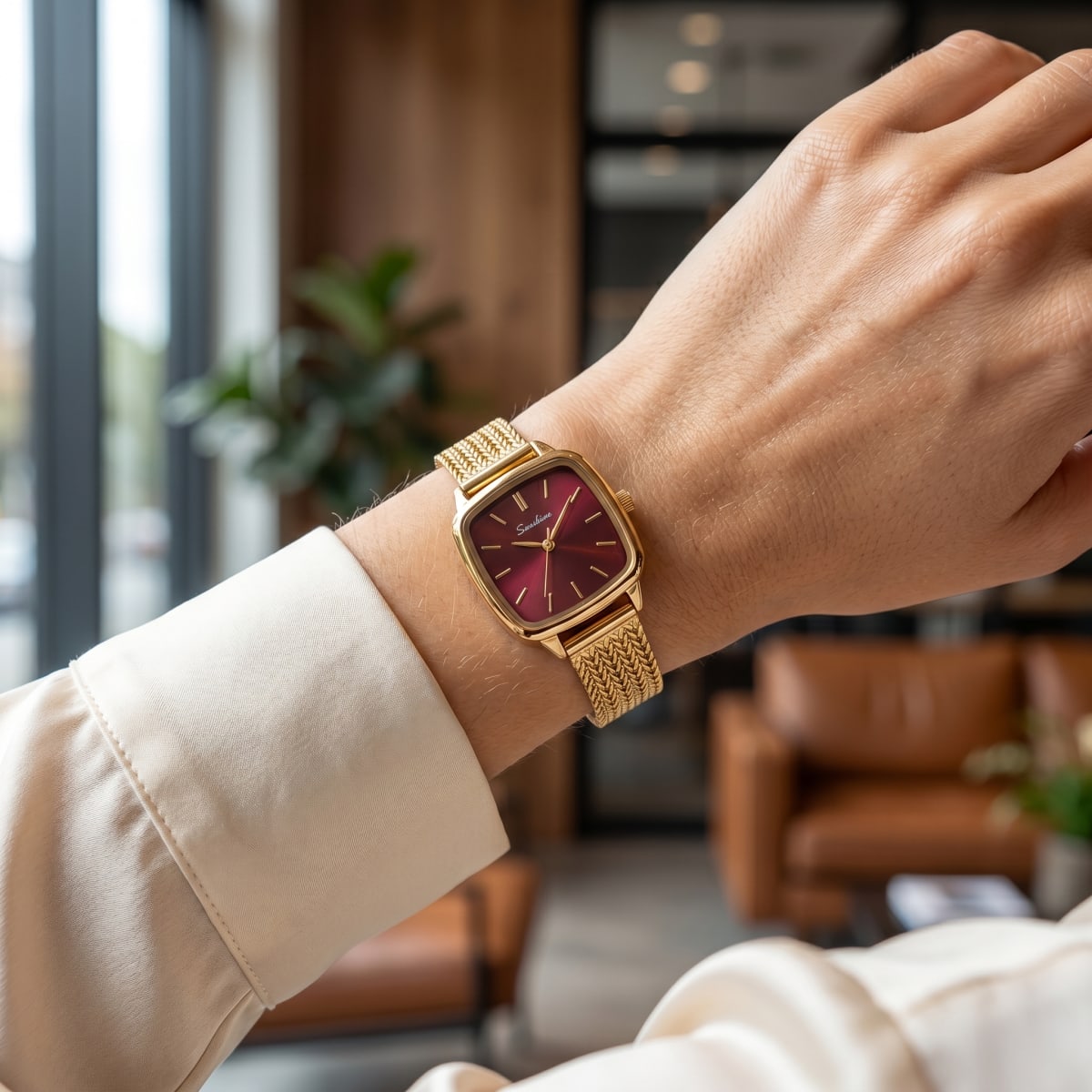 Sunshine Vintage Cushion Case Watch (Burgundy Dial)