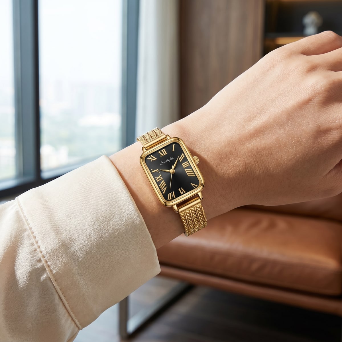 Sunlifex Elegant Rectangular Gold-Tone Watch (Black Dial)